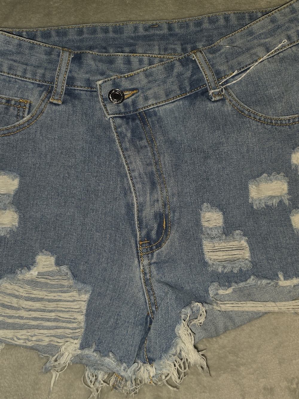 Asymmetric Crossover Waist Distressed Denim Shorts